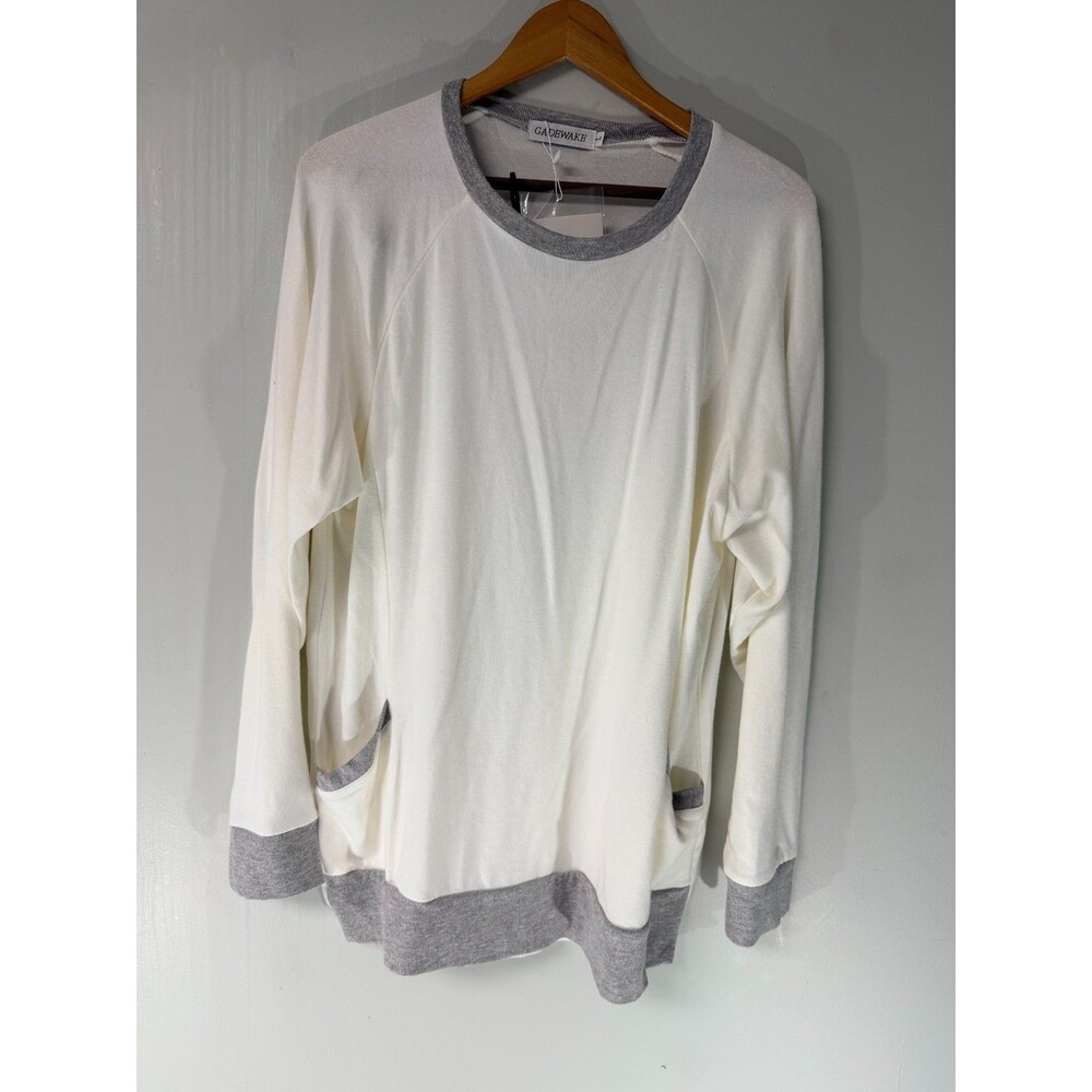 Gadewake Women's Long Sleeve Pullover Top Large NWT Cream Gray Pockets